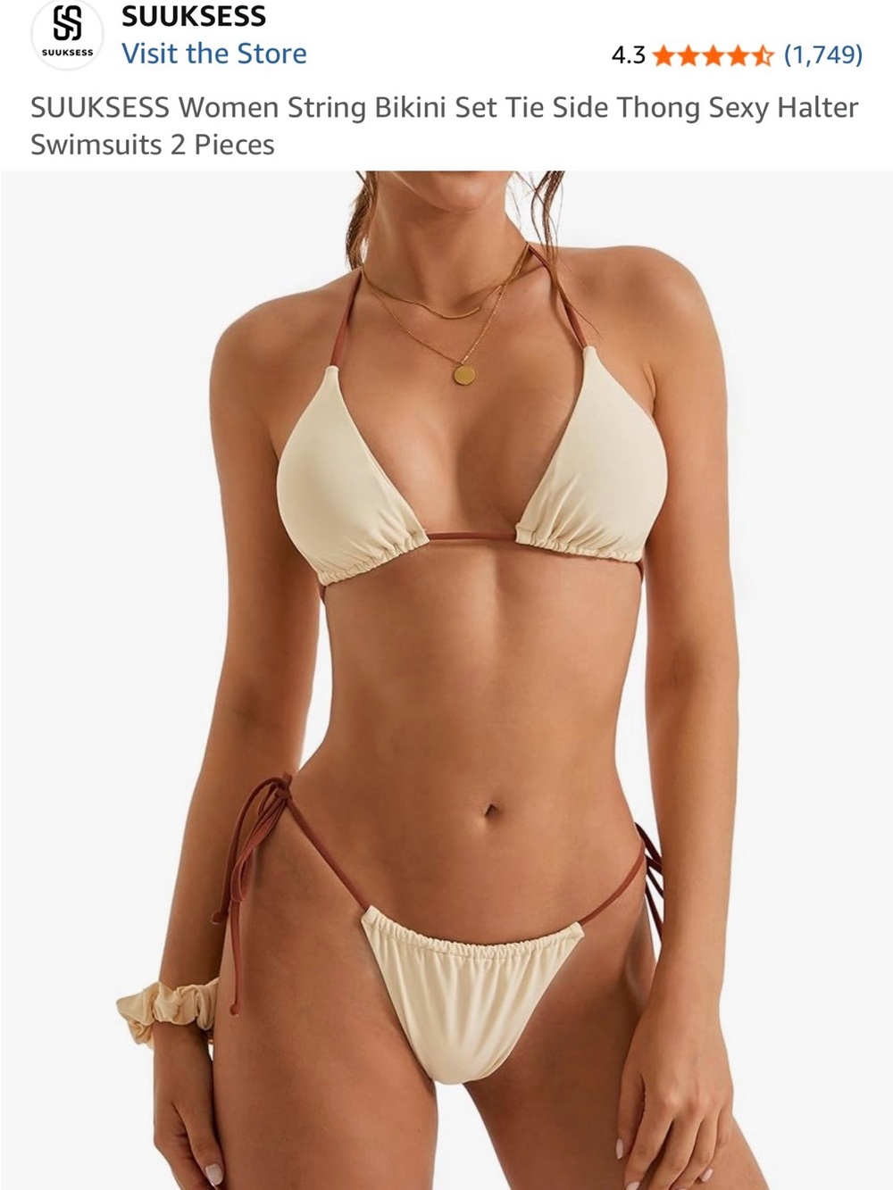 SUUKSESS Cream String Bikini w/ Brown Ties — Adjustable Triangle 2Piece -MEDIUM